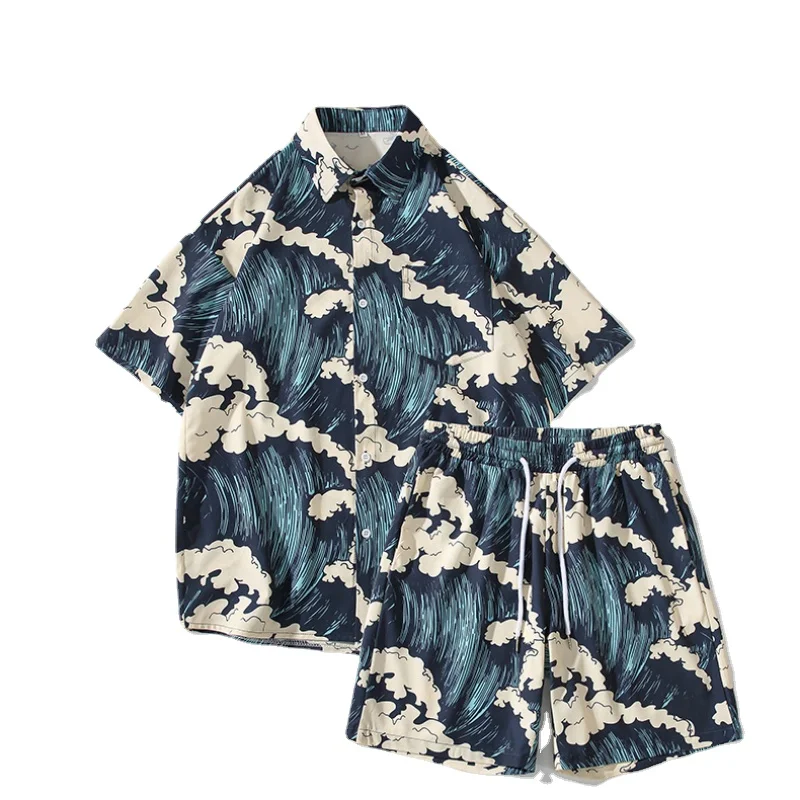 Men Hawaiian Shirt 2-piece HarajukuUkiyo-e The Great Wave Print Short Sleeve Beach Shirts Suit Summer Fashion Button Up Shirts
