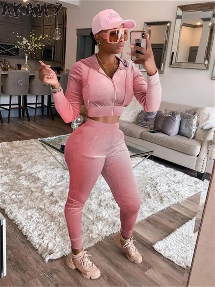 

Akaily Fall Winter Pink Velvet 2 Two Piece Sets Womens Outfits 2022 Long Sleeve Zip Up Hoodies And Pants Sets Female Sweatsuits