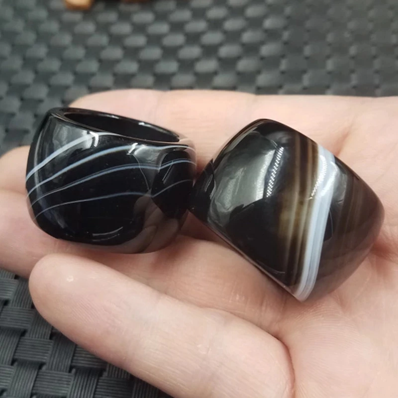 

Natural Black Whit Agate For Men Women With Texture Handmade Brand Jadeite Jade Rings Jewelry Stone 1 pair