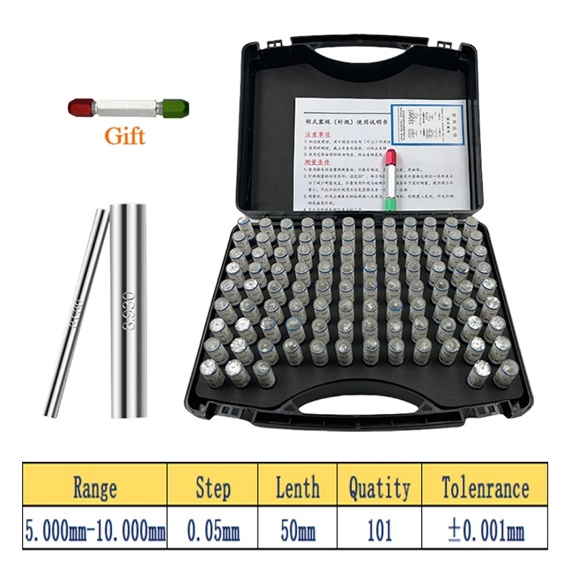 

Диапазон 5,00-10,00 мм, 101 шт., шаг 0,01/0,05 мм, набор прецизионных стальных штифтов, индивидуальный штифтовый манометр для столярных работ и осмотра