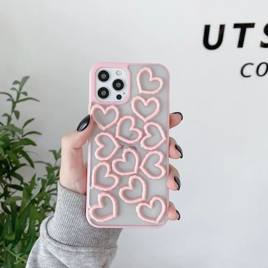 

New Style Drop Glue Hollow Heart Phone Case For iPhone 11 12 Mini Pro Max X XS MAX XR 7 8 6S Plus Solid Color Shockproof Covers