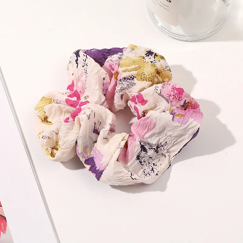 

Spring Summer Crinkle Flower Print Hair Scrunchie Pleated Elastic Rubber Band Large Women Hair Bands Ponytail Holder Headwear