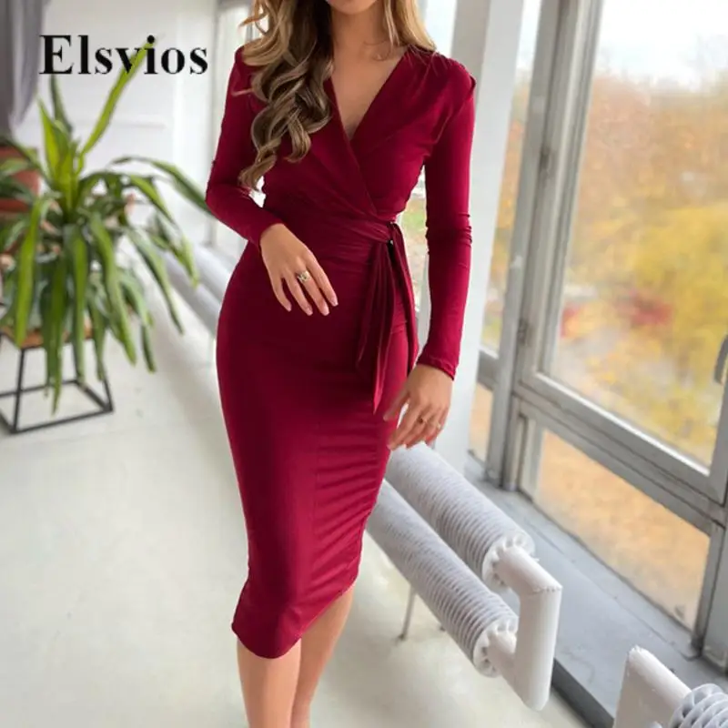

Lady Elegant Long Sleeve Wrap Hip Office Dress Solid Women Fashion Back Slit Party Dress Simple Casual Bandage Belt Tight Dress