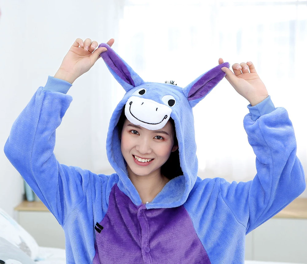 Adults Winter Animal Pajamas Sets With One Tail Two Horns Cartoon Horse Sleepwear Cosplay Costume Polyester Comfortable Cute