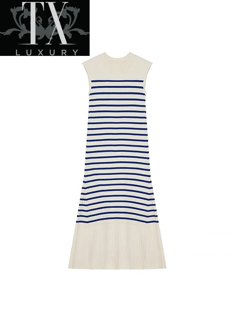

Slim Sexy Maxi Dress 2022 Summer Striped Sleeveless O-neck Long Vestidos Women Party Y2K Concise Bodycon Elegant Clothing Female