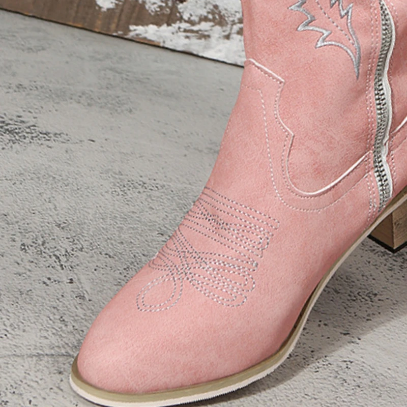 Retro Western Cowboy Boots Pink Elegant Women Shoes Point Head Side Zipper Fashion Comfy Lady Flat Footwear Botas Vaqueras images - 6