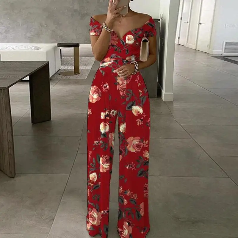 Elegant Off Shoulder Short Sleeve Jumpsuits Floral Print Jumpsuit 2023 Summer Chic Women Straight Party Overalls Y2k Club Romper