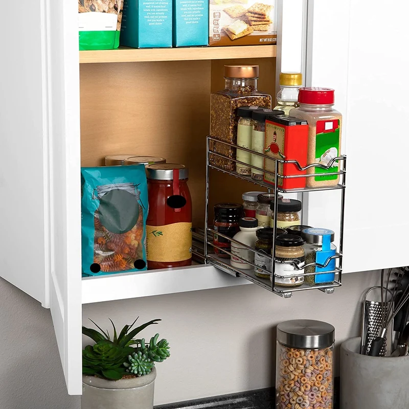 

Pull Out Spice Rack Organizer For Cabinet Heavy Duty Slide Out Double Rack For Kitchen Cabinets Spices Sauces Cans Etc