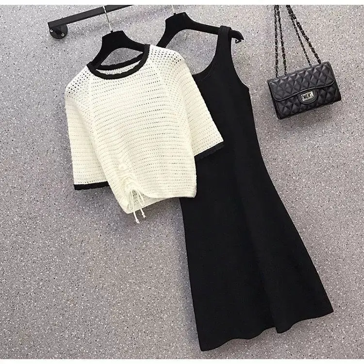 

Женский летний комплект из двух предметов, повседневный топ с коротким рукавом и платья без рукавов, модный шикарный костюм, O77, 2022