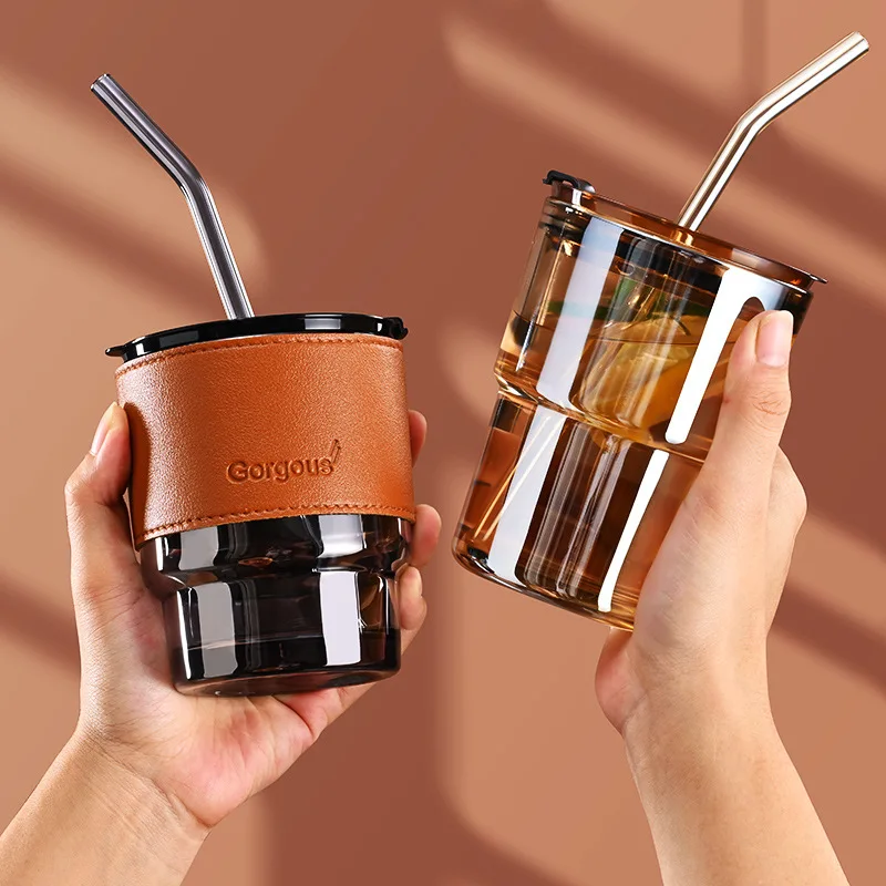 

Creative Glass Coffee Straw Cup With Lid Heat-Resistant Water Bottle Beer Tea Drinkware Couple Coffee Mug With Straw 350ml 450ml