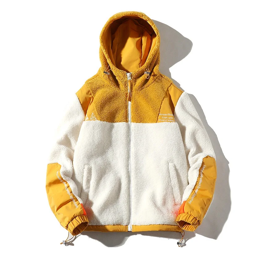 Color-blocked Stitching Imitation Lamb Wool Jackets Men Autumn and Winter Ins Trend Embroidered Hooded Warm Jacket Parka Hombre