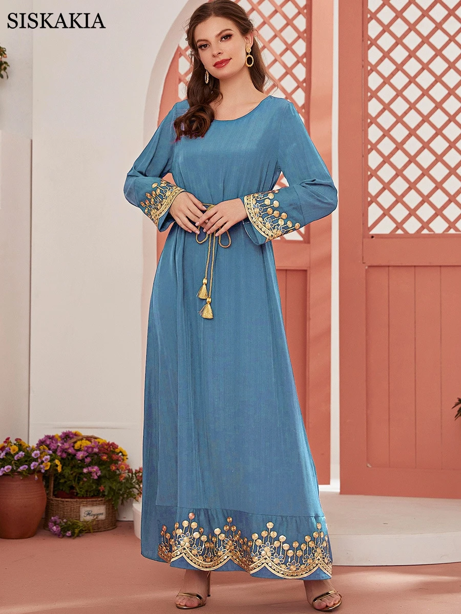 

Girls Abaya For Women Muslim Dress Turkey Urban Casual Crew Neck Sashes Ethnic Lace Embroidered Sequins Ladies Dresses
