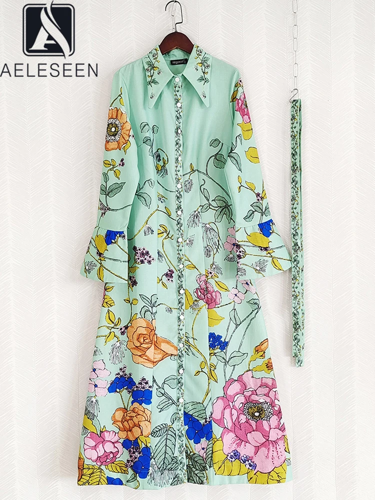 

AELESEEN Fashion Designer Long Dress Women Autumn Turn-down Collar Flower Print Flare Sleeve Single-btreasted Elegant Party