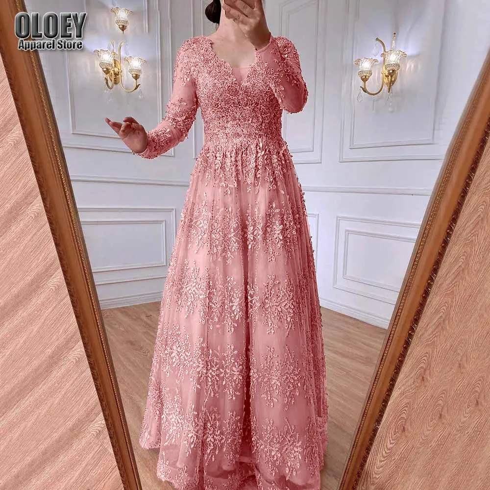 

Women Elegant Long Sleeves Pink Lace Long Maxi Dress Ladies Girls Host Performance Party Cocktails Gowns