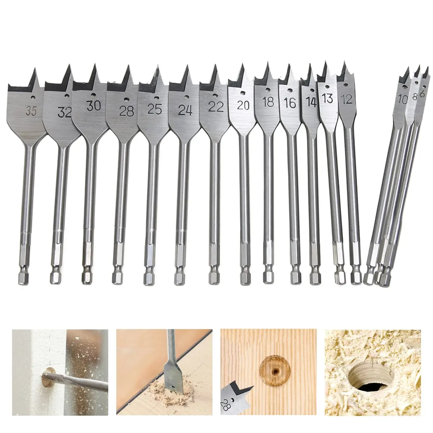 

Spade Drill Bit Set - Paddle Flat Bits 6pcs 10-25mm Carbon Steel Woodworking Hole Cutter Carpenter Tool with Hex Shank