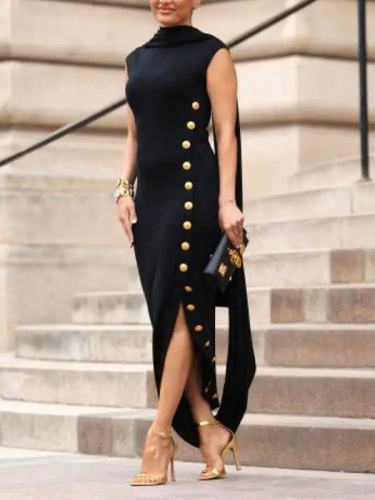 UOOZEE женское повседневное модное платье на пуговицах с разрезом по бокам и шалью