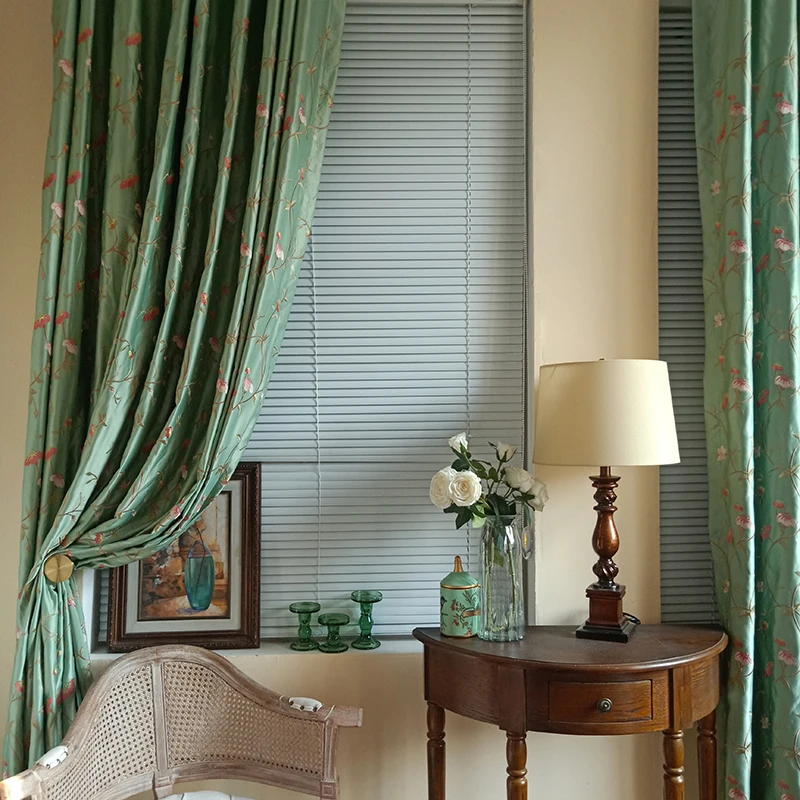 

Curtains for Bedroom Living Dining Room American style retro green embroidery imitation silk satin classical new Chinese style