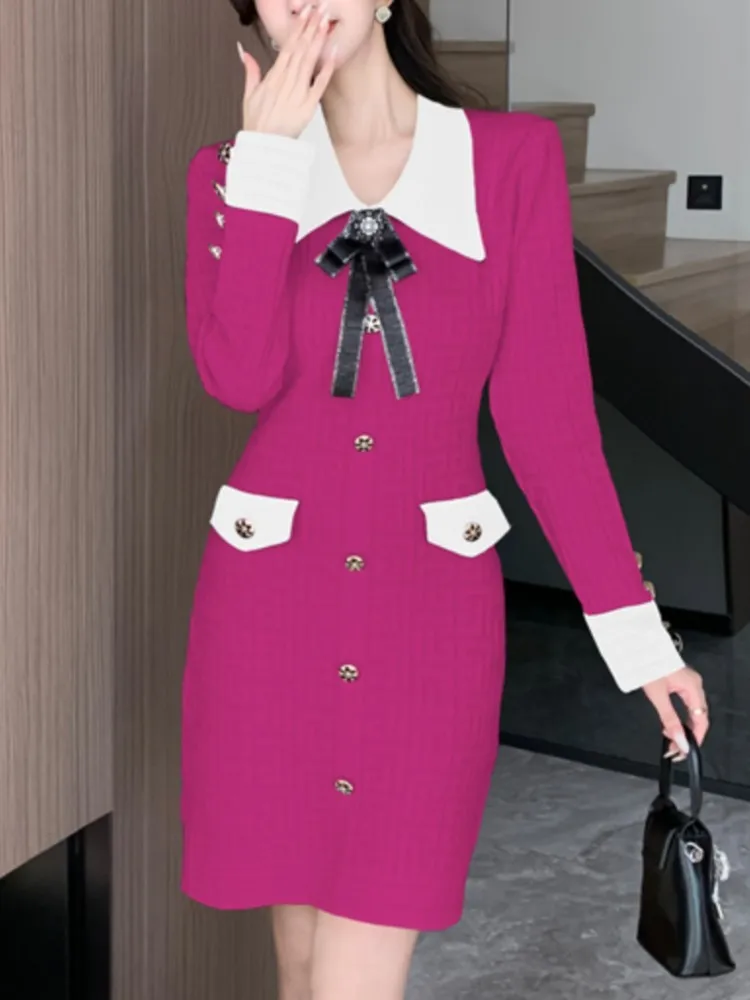 Осеннее новое модное трикотажное платье с бантом и длинными рукавами для женщин