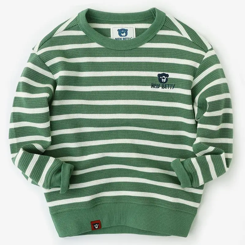 

See Classic ~ Boy's Hoody Children's Spring Long Sleeve T-shirt Pullover Spring and Autumn Striped Waffle Bottoming Shirt