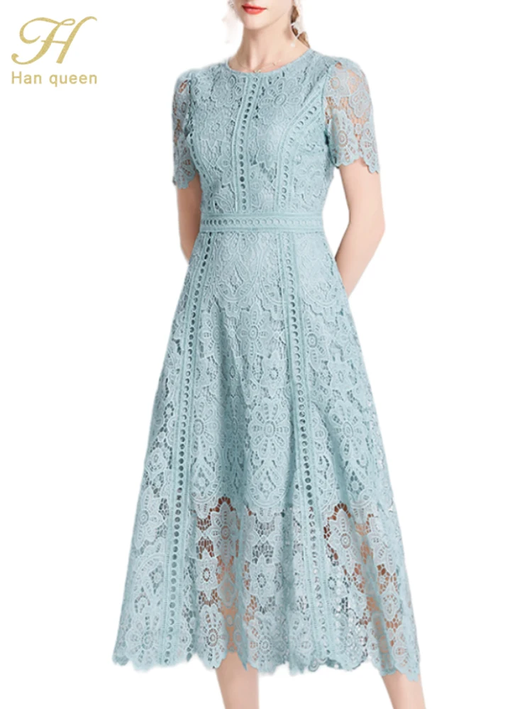 

H Han Queen New Arrival Summer Lace Dress Fashion Vintage Hollow Out Elegant Slim Women Work Casual Party Dresses Long Vestidos
