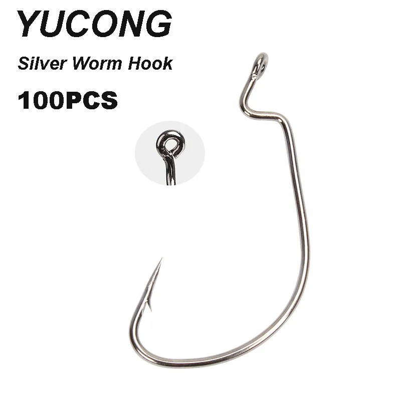 

YUCONG, 100 шт., рыболовные крючки для червя, 4-2-1-1/0-2/0-3/0-4/0-5/0, широкоугольные Смещенные рыболовные крючки с бородкой, однородный крючок из углероди...