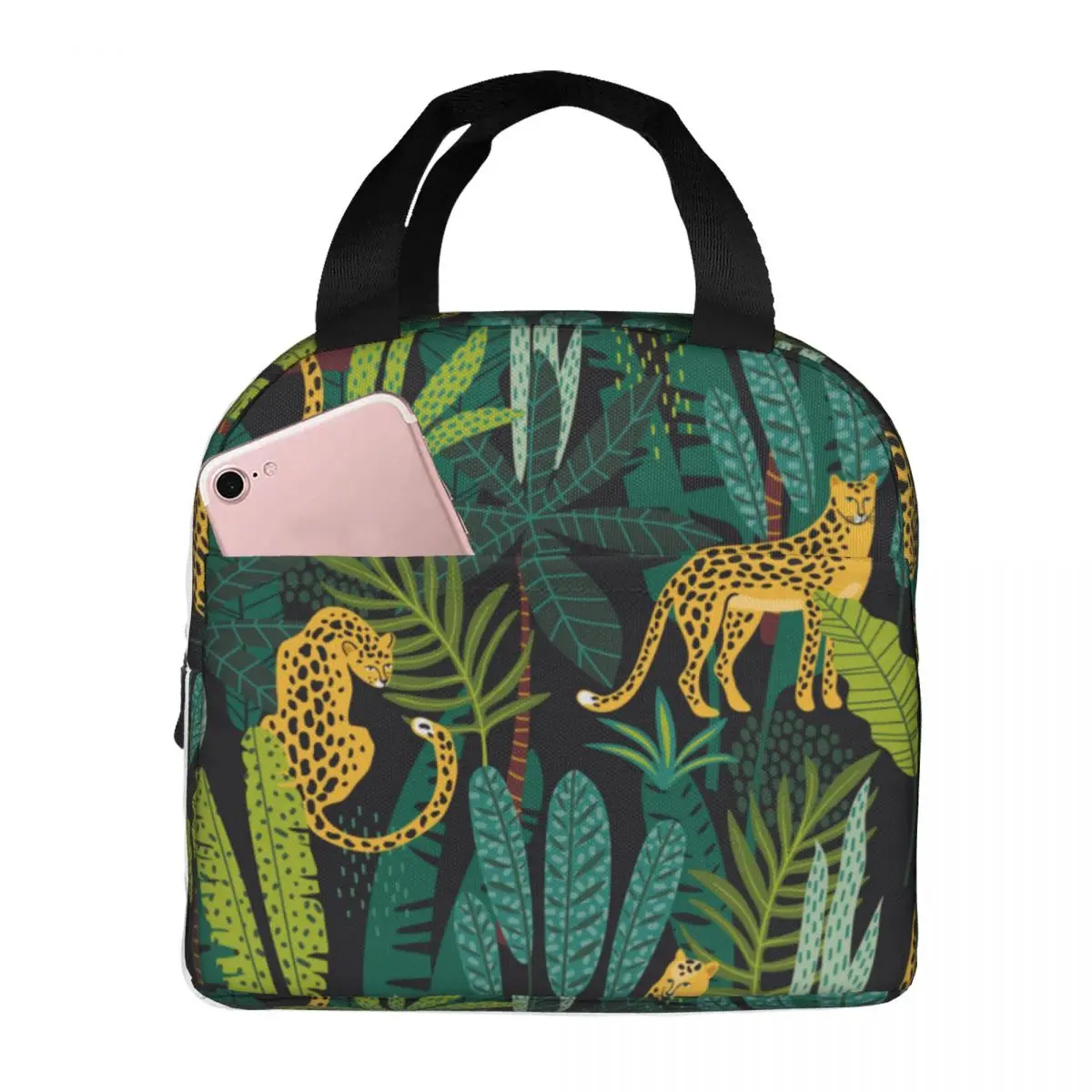 

Lunch Bag for Women Kids Leopards Tropical Leaves Insulated Cooler Bags Portable School Canvas Lunch Box Food Bag