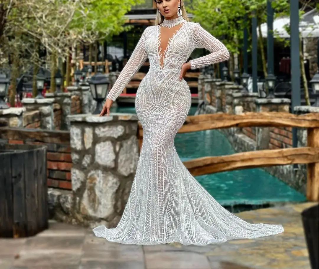 

Роскошные вечерние платья-русалки с длинным рукавом, глубоким V-образным вырезом, лямкой на шее, блестками, аппликацией, 3D кружевом, полыми молниями, платья больших размеров для выпускного