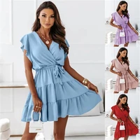 new v neck fashion ruffled solid color lace up dress summer casual daily office dress womens holiday beach dress 4a060