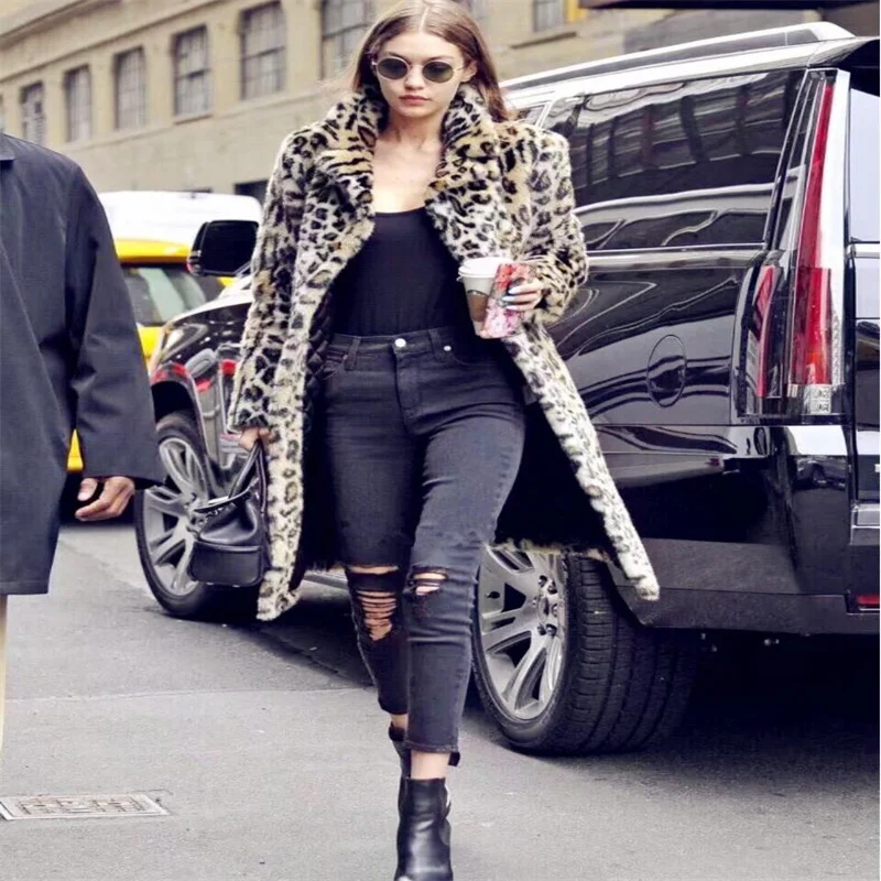 Faux fur coats womens leopard print long clothes star same European and American thickened warm abrigos chaquetas para mujer enlarge