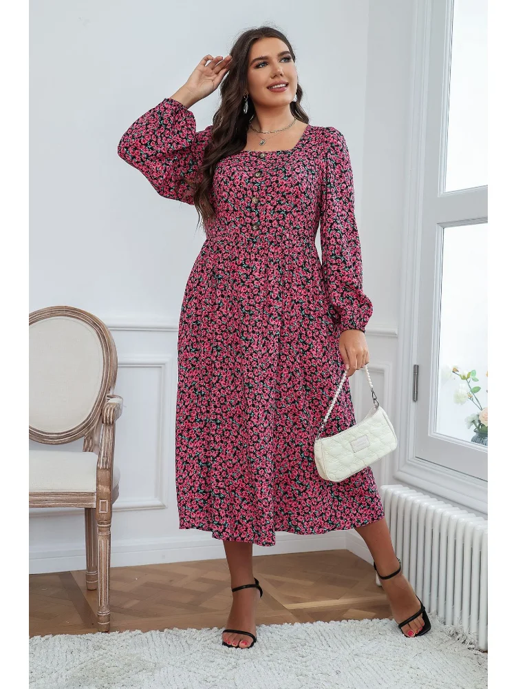 Summer New Women's Square Neck Large Print Dress plus size feminino  vestidos para casamento convidados