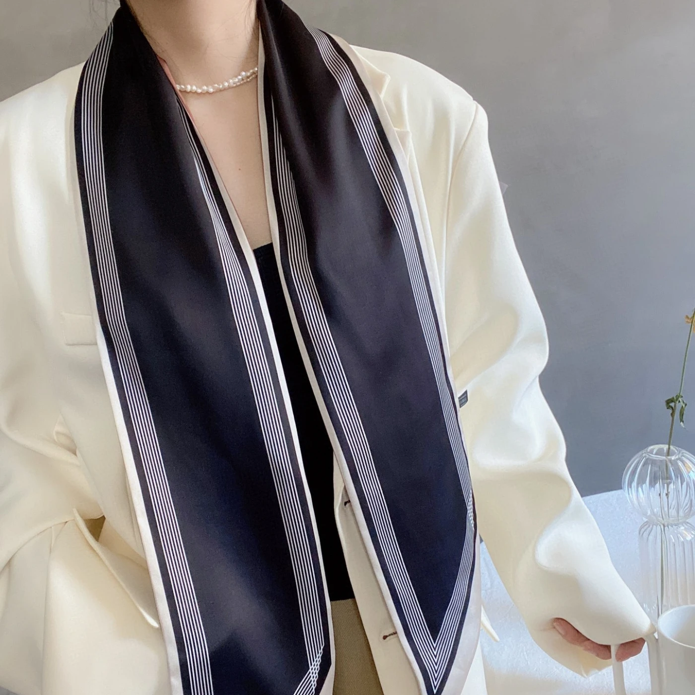 

Striped Print Hairband Long Wrist Ribbon Neck Scarves Female Silk Feel Hair Scarfs Women 13*150cm Big Skinny Bag Scarf For Lady