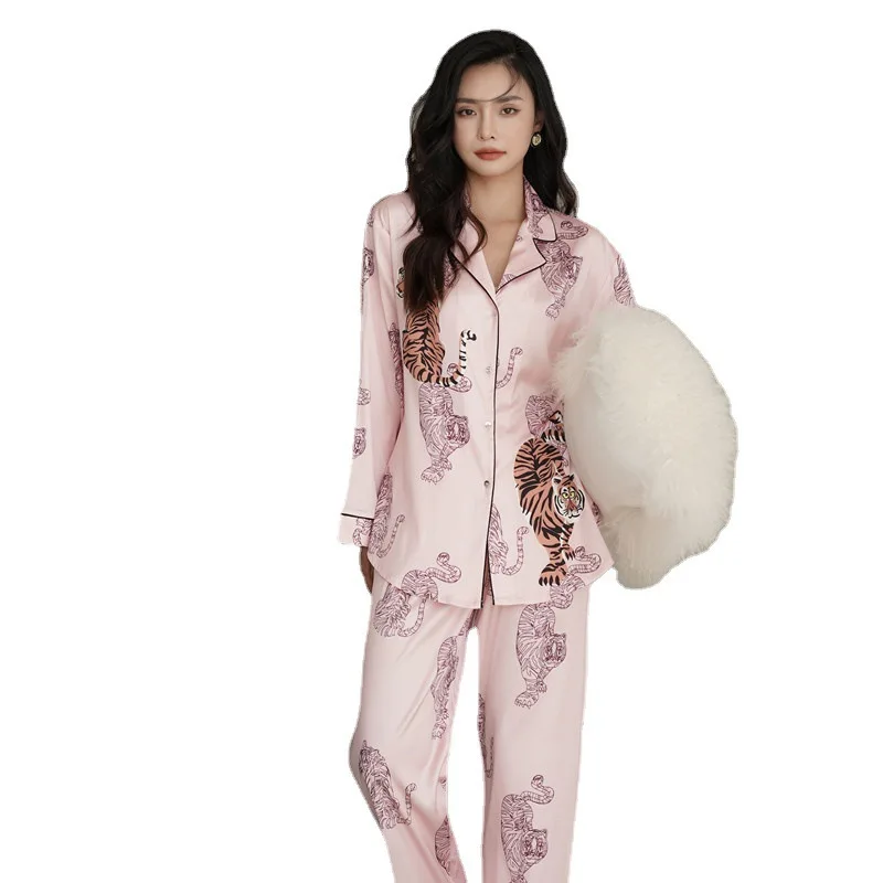New women's pajamas ice silk thin tiger print loose long-sleeved women's  pajamas for women  سكسي نيك  pajama set