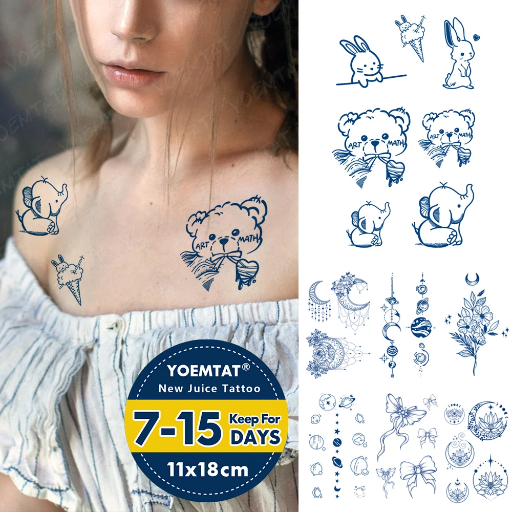 Semi-Permanent Waterproof Temporary Tattoo Sticker Bear Elephant Rabbit Cute Flash Tatto Lasting Ink Herbal Body Art Fake Tatoo