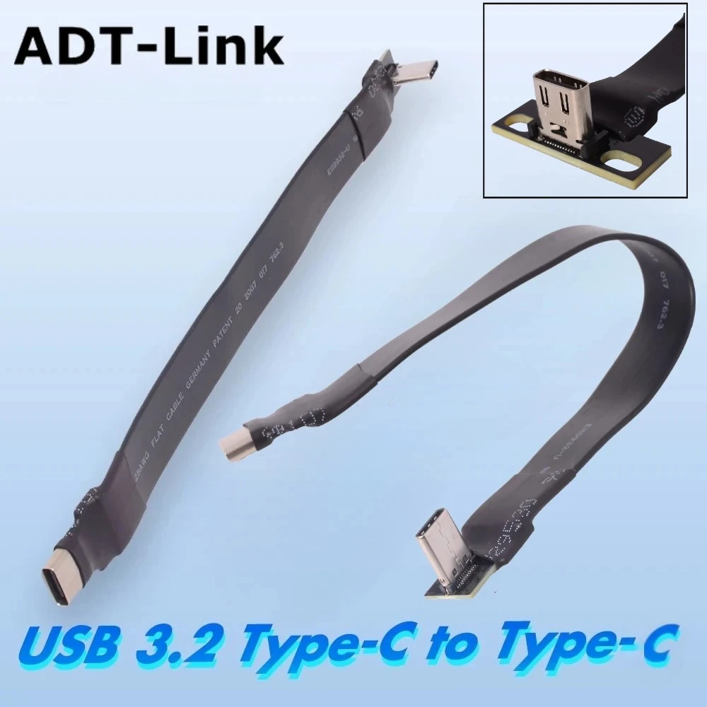 Фото ADT 20 Гбит/с USB3.2 Gen2 Тип C к плоскому удлинительному кабелю Type-C 90 локоть USB-C Мужской Женский OTG Data FPC FPV Шнур для аэрофотосъемки №1