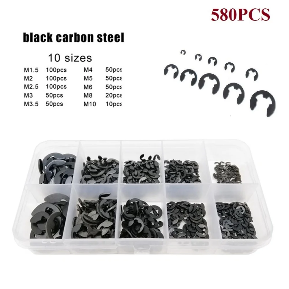 

E Type Retaining-ring High Quality Carbon Steel Shaft E Clip Snap Circlip Washer Set with 580 Pieces in 10 Sizes