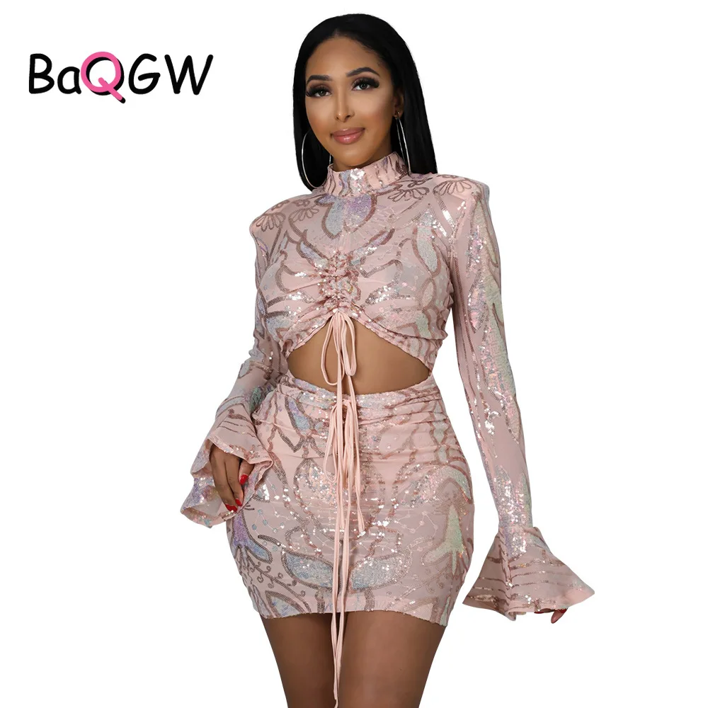 

Spring Autum Women Sequins Patchwork Flare Long Sleeve Bodycon Hollow Out Bandages Mini Dress Two Piece Sets Sexy Party Clubwear