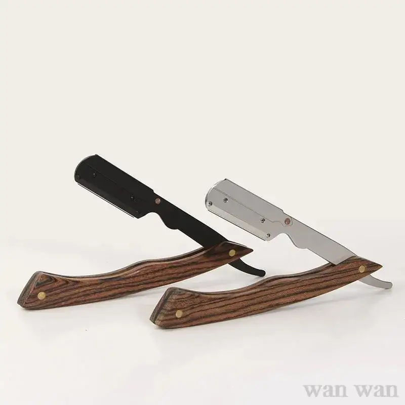 

Деревянный триммер для бороды, Парикмахерская, нож для бритья и стрижки бровей, бритва из нержавеющей стали с прямыми краями