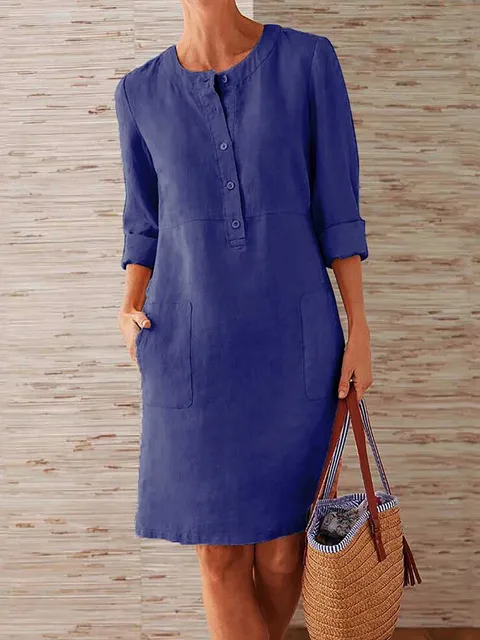 Cotton Linen Dress Spring Vintage Long Sleeve Button Pocket Solid Loose Party Dresses FYY5093 2