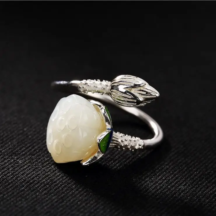 

S925 Sterling Silver Hetian Jade Cloisonne Lotus Flower Lotus Seedpod Ring White Jade Lotus Silver Ring Ladies Personality Ring