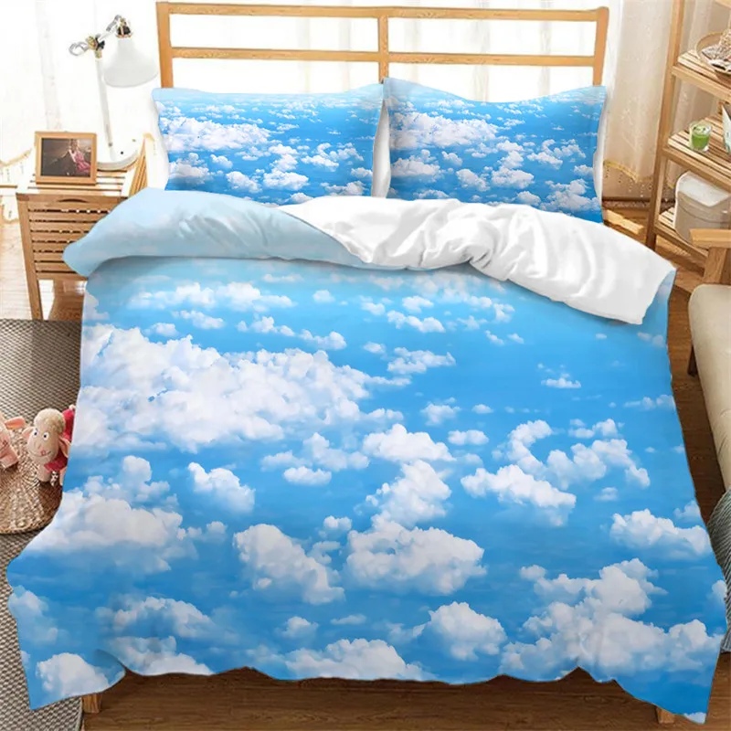 

Blue Sky White Clouds King Duvet Cover Microfiber Natural Scenery Flowers Bedding Set Animal Bird Comforter Cover For Girls Teen