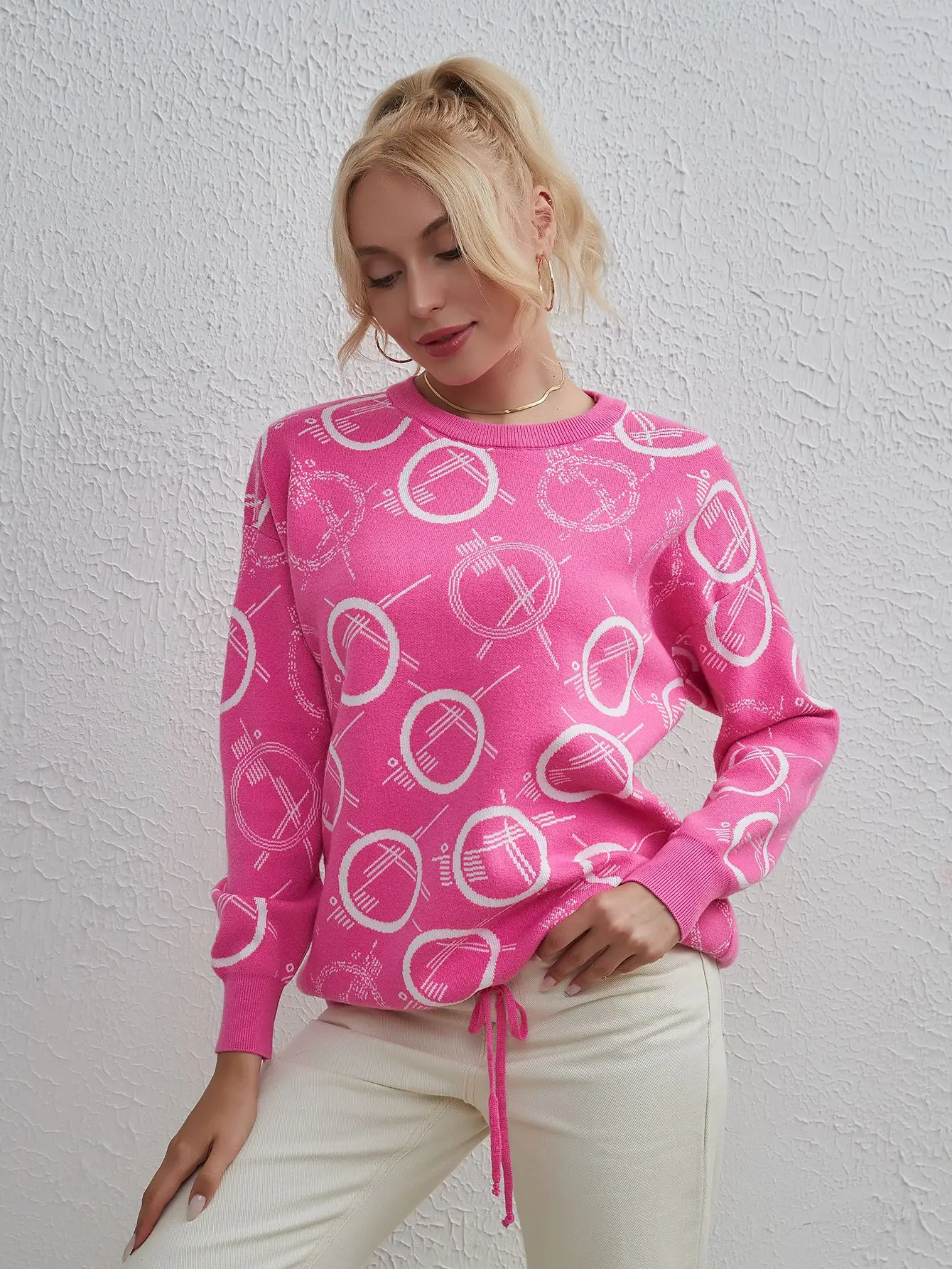 

Wixra Sweater Women Geometric Print Knitted Pullover Full Sleeve Casual O Neck Jumpers Top Autumn Winter Knitwear