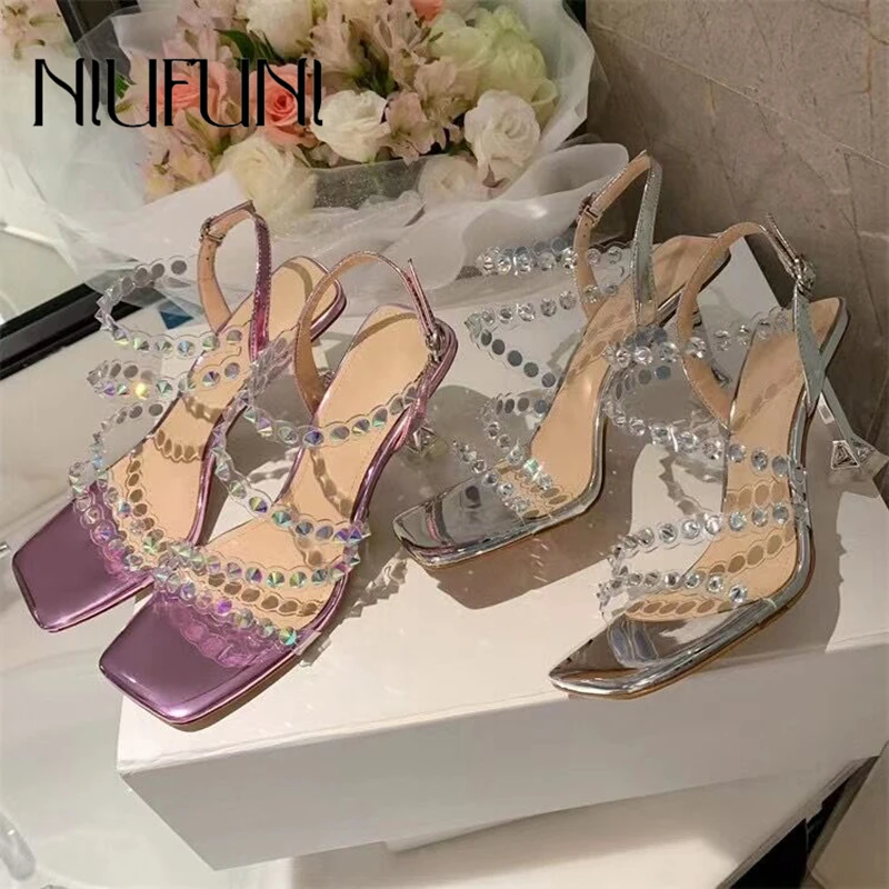 

Rivet Transparent PVC Rhinestone Women's Sandals Summer 2022 Elegant Dress Women Shoes Crystal High Heels Buckle Females Sandal