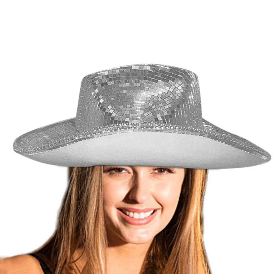 

Disco Ball Cowboy Hat with Mirrored Glass Jewels Mesh Accents Womens Sun Hat Flashing Blinky Party Hat Look Stunning in the Sun