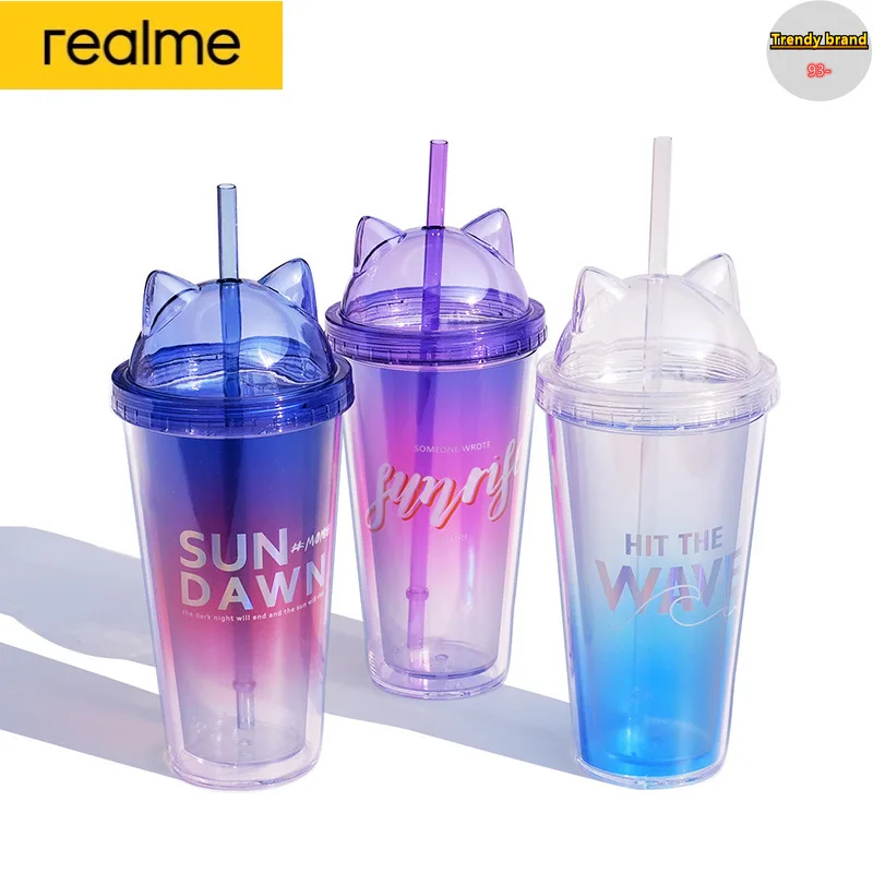 

Realme 420ml Cute Girl Cartoon Bottle Sippy Gradient Cat Ear Plastic Bottle Student Large Capacity Juice Drink Portable Bottle