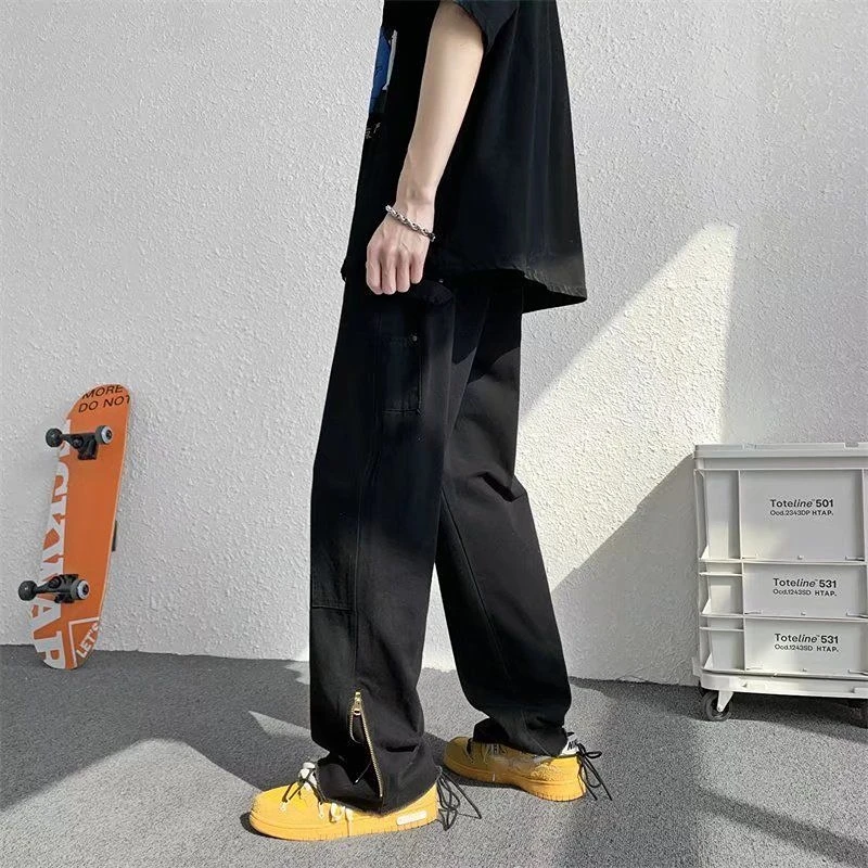 Hong Kong Style Ins Zipper Cargo Jeans High Street Retro Men's and Women's Spring Loose Straight Drooping Casual Wide-Leg Pants