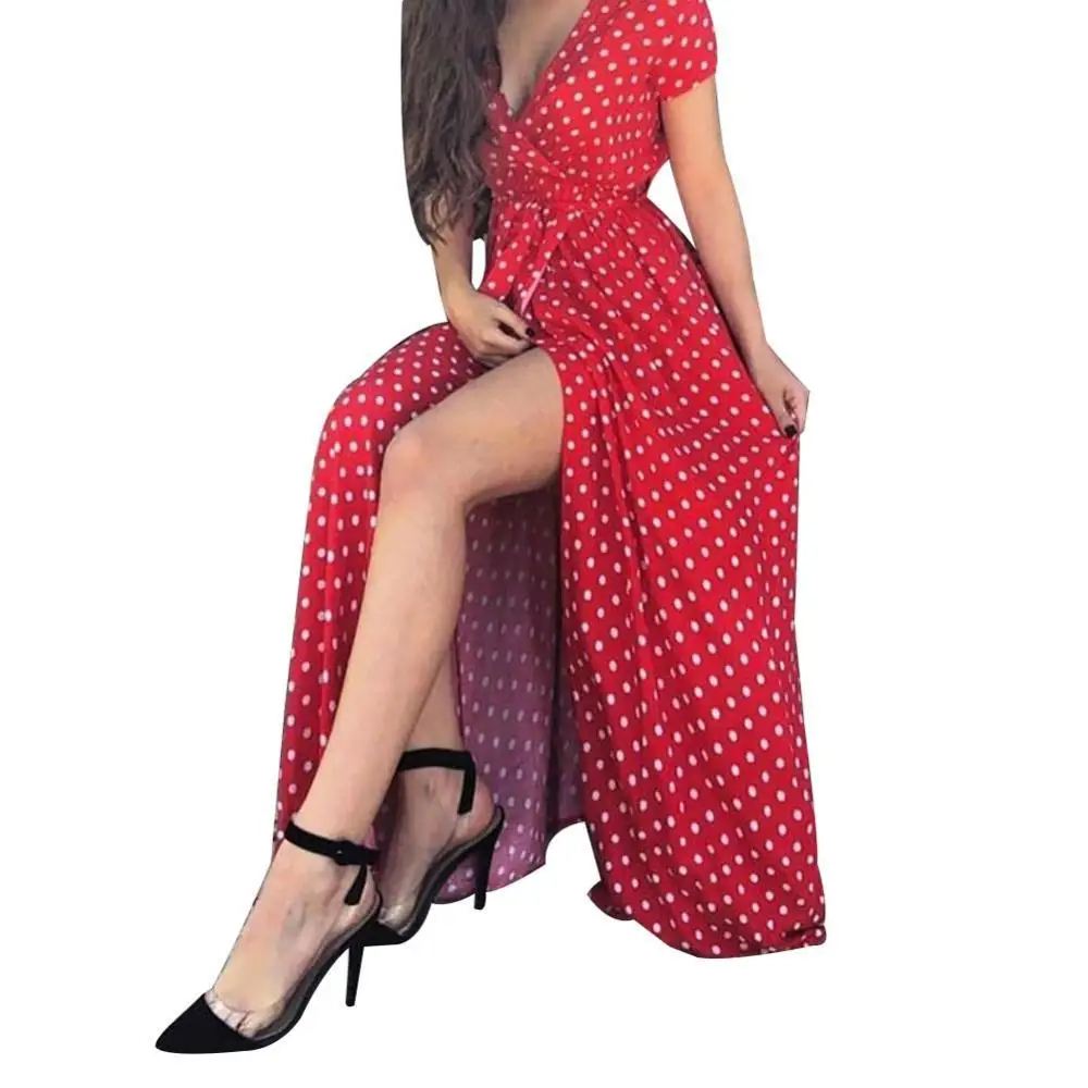 

Boho Long Polka Dot Dresses Women Split Short Sleeve Summer Casual Dress 2020 Streetwear Black Blue Red White Maxi Dress