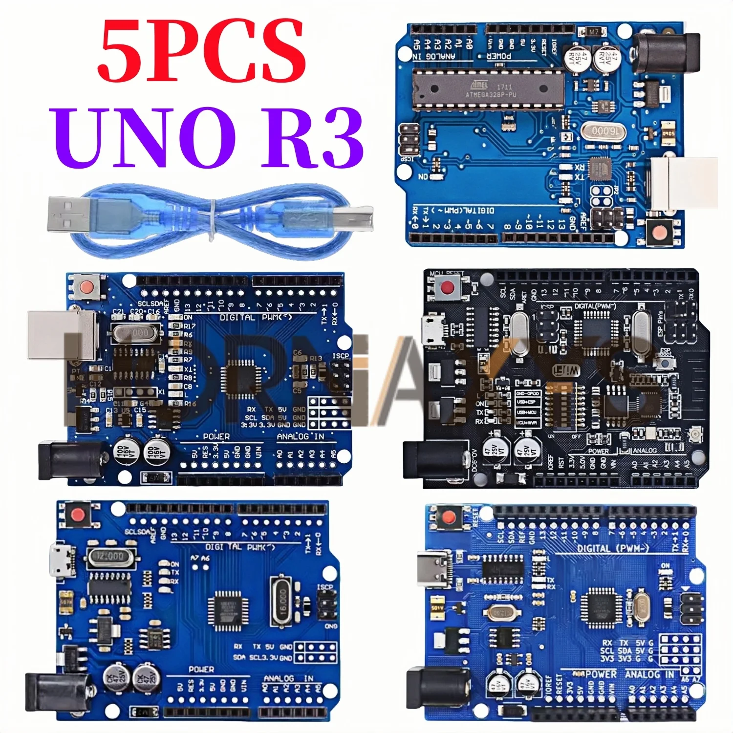 Фото 1-5Set/ UNO R3 Official Box ATMEGA16U2 / UNO+WiFi R3 MEGA328P Chip CH340G For Arduino UNO R3 Development Board WeMos ESP8266 №1