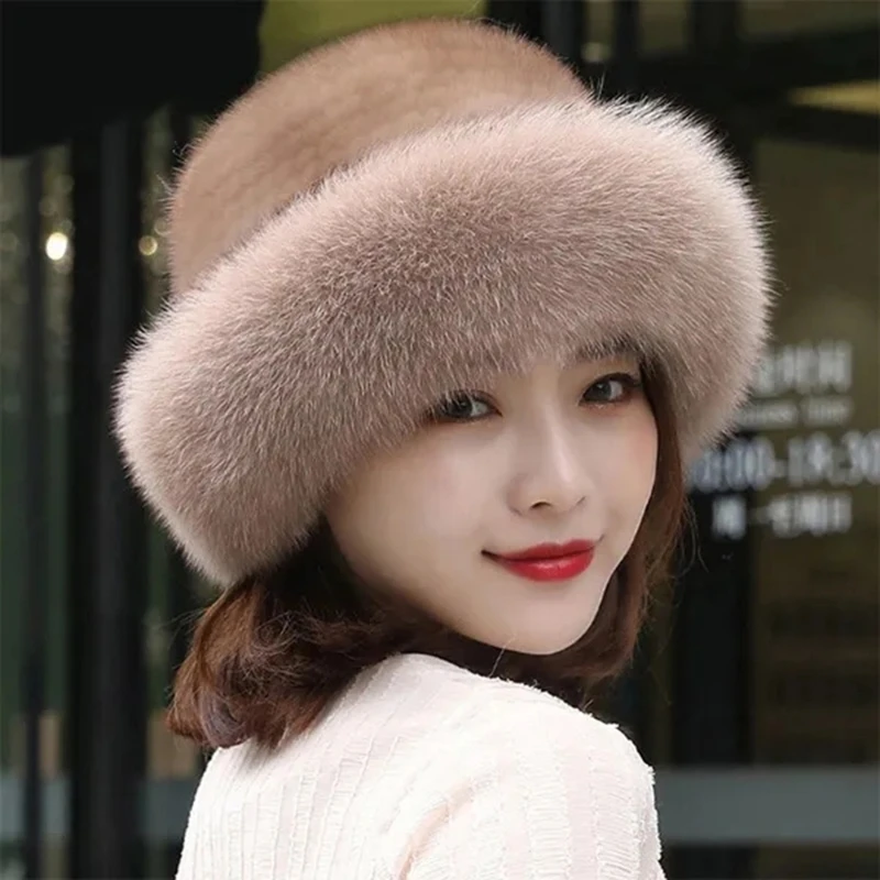 

Hat Women Winter Warm Cap Fashion Princess Hat Warm Mink Fox Fur Hat ThickenedBeret Faux Fur Hat Furry Fleece Thickening Caps