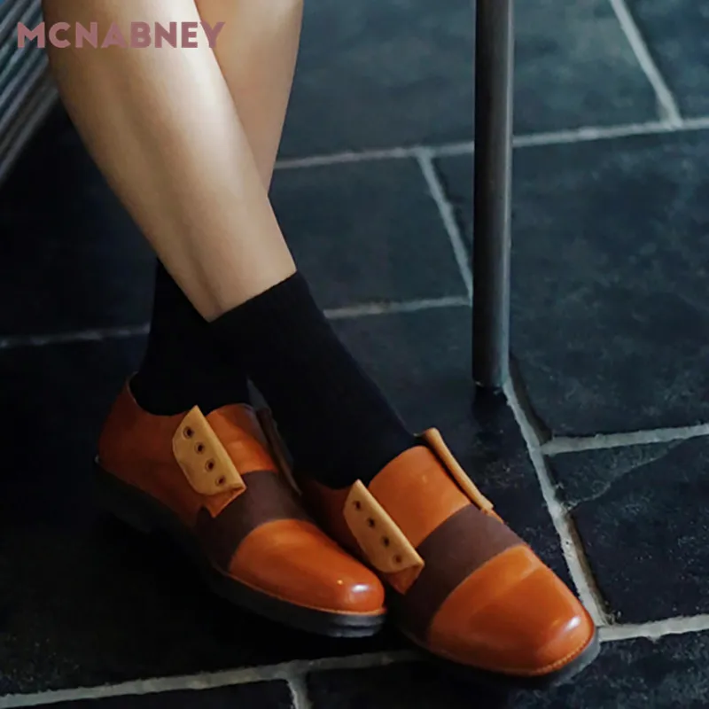 Fashionable Color-Blocking Retro Shoes Niche Design Square Toe British Style Leather Shoes New Fashion Retro Leather Shoes