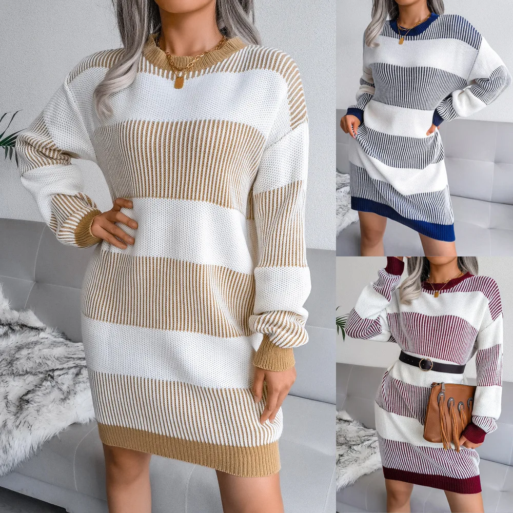 

Women Striped Knitted Sweater Dress Autumn Winter Round Collar Long Sleeve Pullover Loose Vestidos
